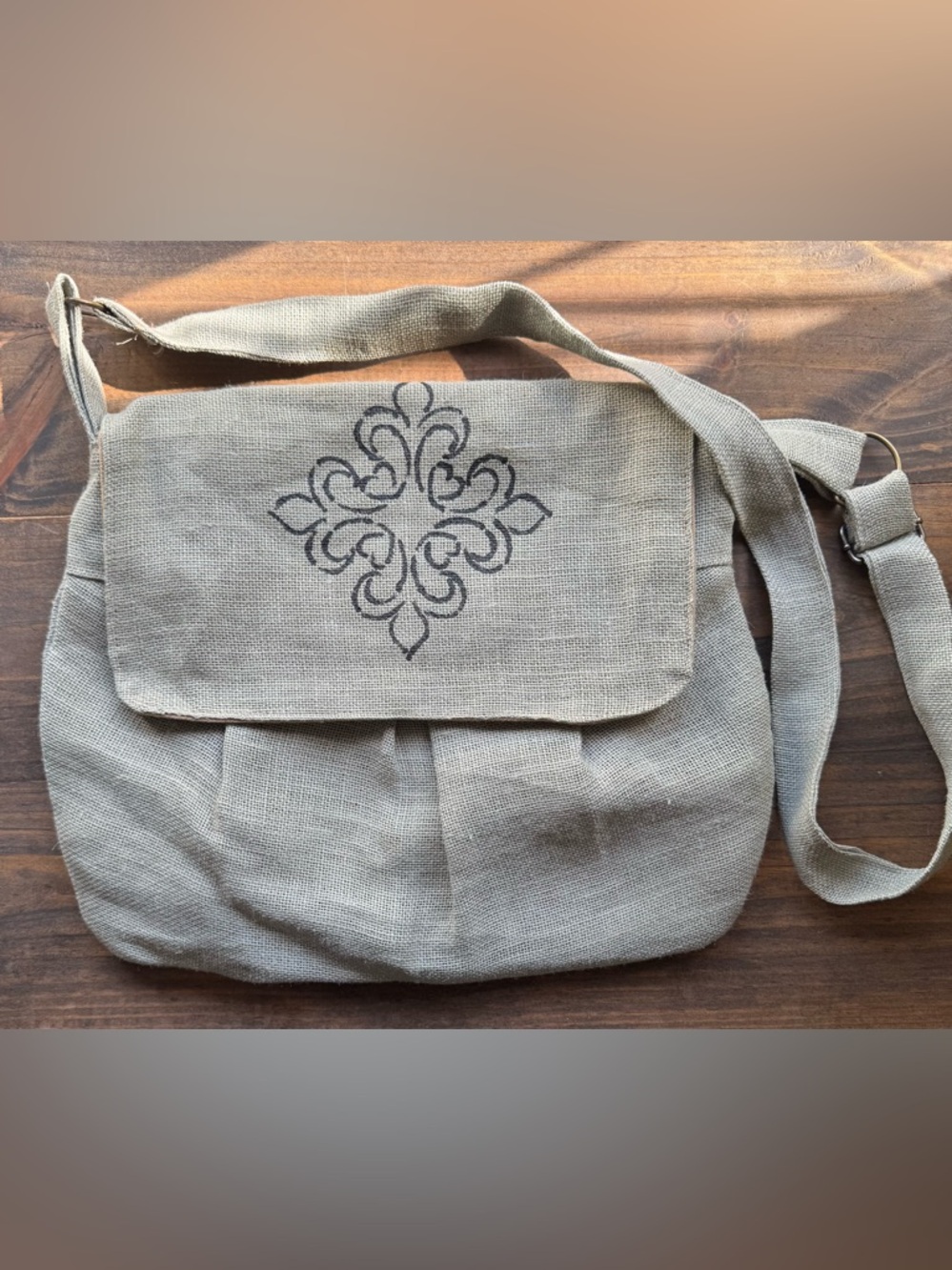 Natural Beige Crossbody Tote Bag with Decorative Embroidery